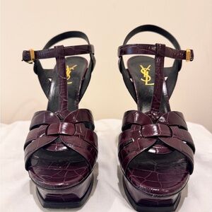 YSL Saint Laurent Women's Tribute Platform Heels Dark Burgundy Croc Patent•
